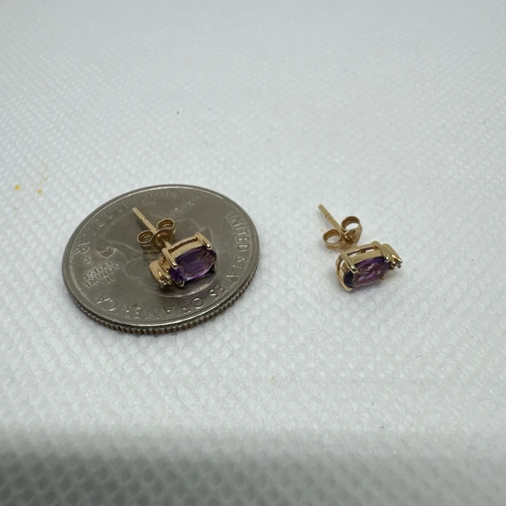 Beautiful 14k Yellow Gold Oval Amethyst and Diamond Stud Post Earrings - Picture 8 of 10